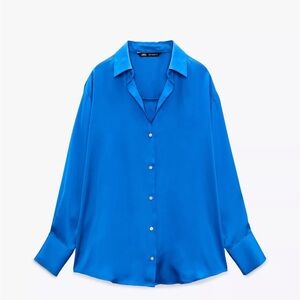 Zara Blue Satin Button-Up Blouse